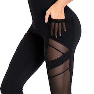 Mesh High Waist Leggings Yoga Pants with Pockets Tummy Control 4 Way Stretch